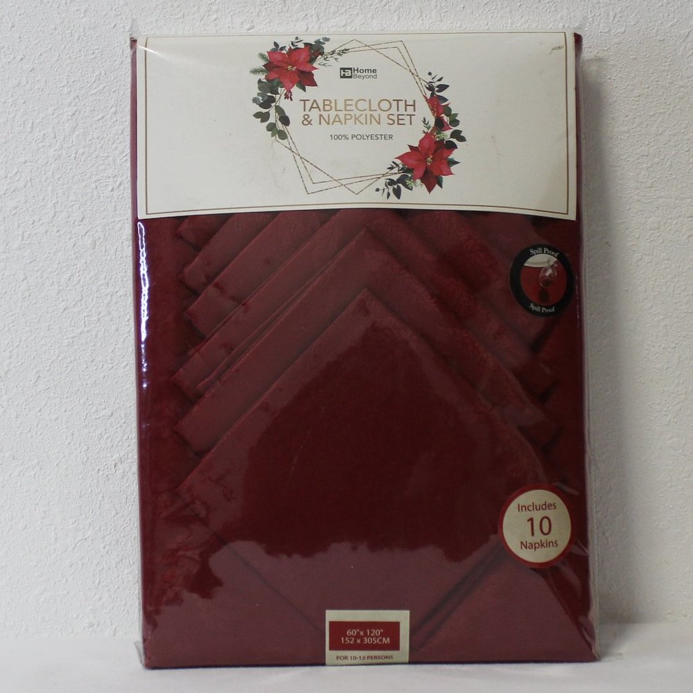 Christmas Poinsettia Tablecloth & 10 Napkin Set "Spill Proof" (60" x 120")